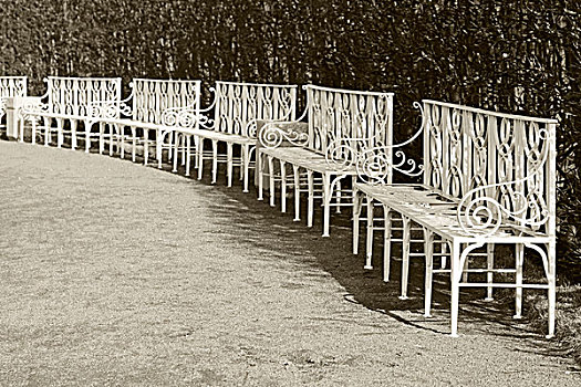 白色,公园长椅,排,复古,照片