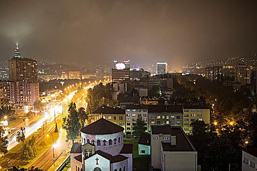 城市天际线,夜晚,萨拉热窝,波斯尼亚,黑塞哥维那