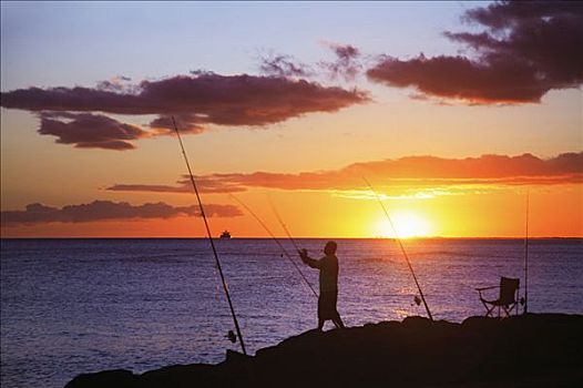 夏威夷,瓦胡岛,捕鱼者,拿着,鱼线,日落