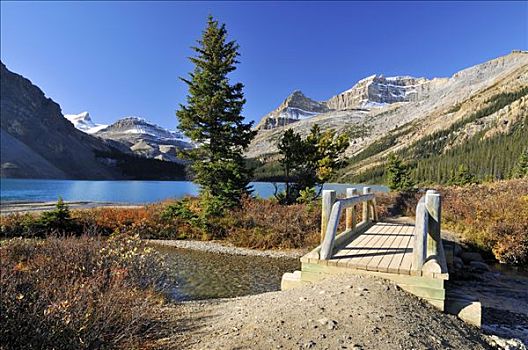 落基山脉,木桥,弓湖,远景,班芙国家公园,艾伯塔省,加拿大,北美