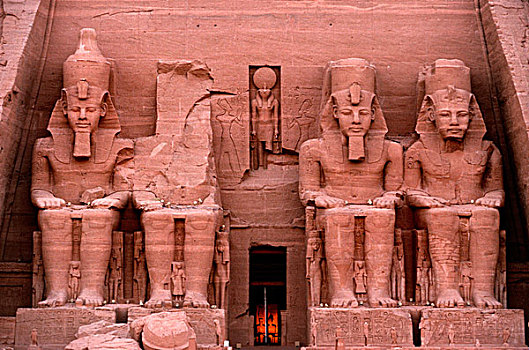 埃及,阿布辛贝尔神庙,建筑,庙宇,巨大,塑像,拉美西斯二世,穿,一对,皇冠,埃及新王国