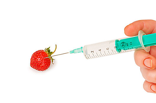 手,注射器,红色,草莓,白色背景