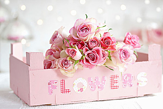 花束,玫瑰,水果,板条箱,涂绘,淡色调,粉色,标签,装饰,文字,拼写,花