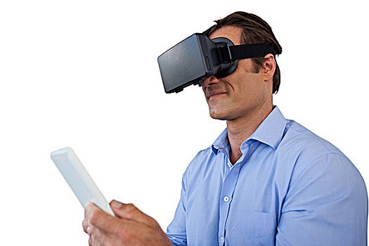 商务人士,虚拟现实,玻璃,拿着,平板电脑,白色背景