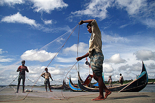 渔民,渔网,捕鱼,海滩,市场,孟加拉,六月,2008年