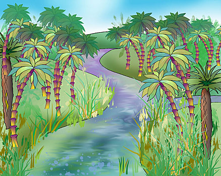 棕榈树,海岸,河