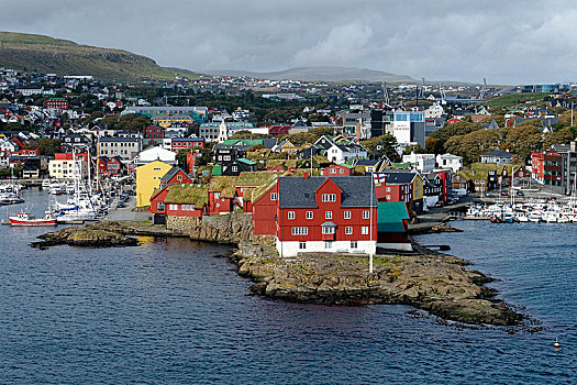 港口,红色,房子,岛屿,管理,托尔斯港,法罗群岛,丹麦,欧洲