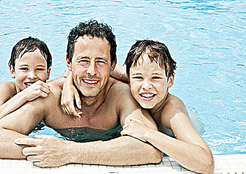 父亲,儿子,游泳池,肖像
