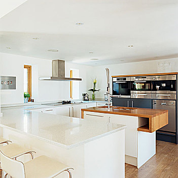现代,厨房,组合,白色,工作,表面,木,不锈钢