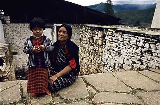 不丹,母子,靠近,墙壁,乡村,房子