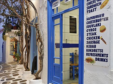 快餐吧,狭窄,过道,老城,米克诺斯岛,希腊
