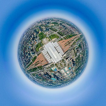 小行星视角航拍郑州东站高铁站球形全景图