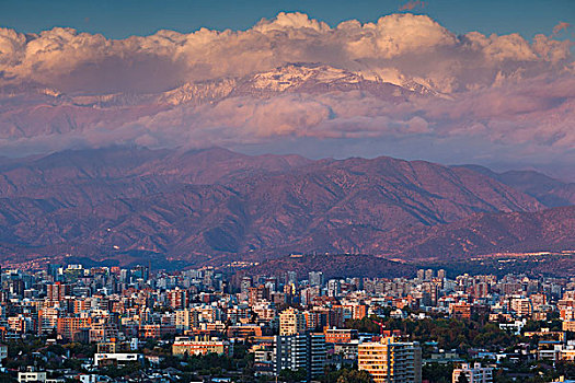 智利,圣地亚哥,城市风光,安迪斯山脉,黄昏