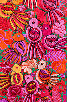 危地马拉,利文斯顿,彩色,传统,刺绣,纺织品,热带鸟,花,特色