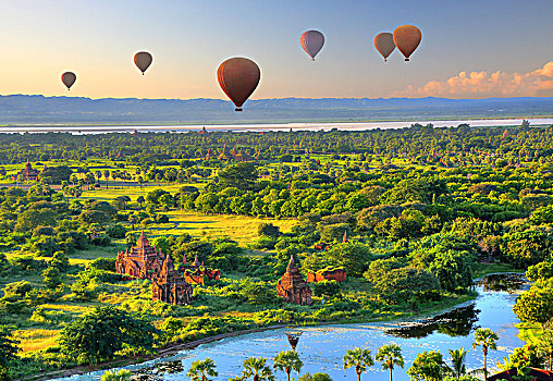 热气球,上方,朴素,2000年,塔,伊洛瓦底江,皇家,城市,蒲甘,缅甸,落日