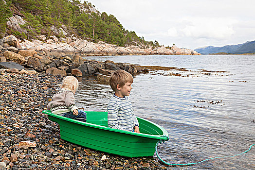 男孩,绿色,船,峡湾,水边,挪威