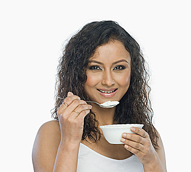 女人,肖像,吃,酸奶