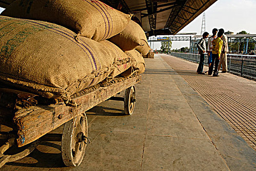 粗麻袋,原始,手推车,火车站,乌代浦尔,印度
