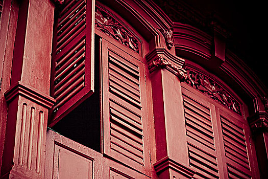 打开,红色,百叶窗,老,市区,槟城,马来西亚