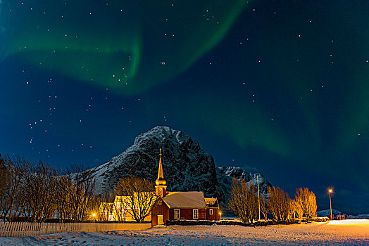 北极光,上方,教堂,罗浮敦群岛,诺尔兰郡,挪威,欧洲