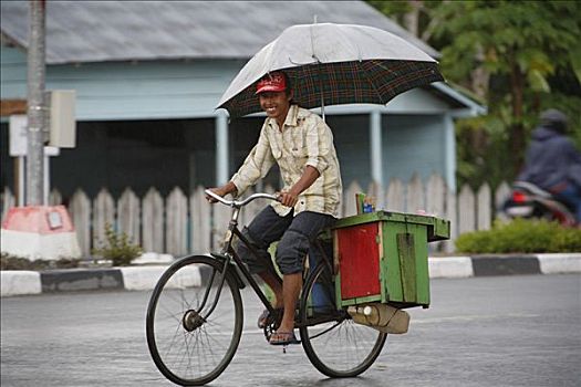 男人,自行车,雨,伞,中心,加里曼丹,婆罗洲,印度尼西亚,南亚