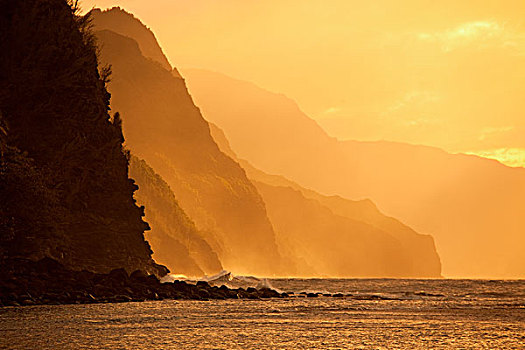 日落,海滩,纳帕利海岸,考艾岛,夏威夷