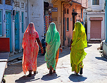 印度,拉贾斯坦邦,三个女人,纱丽服,走开,摄影