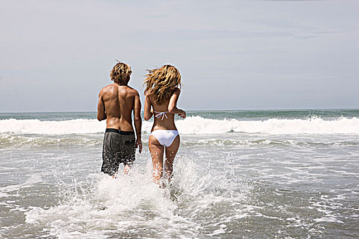 人,女孩,跑,水中,海滩
