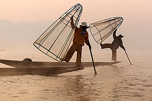 渔民,划船,一个,腿,茵莱湖,缅甸,亚洲