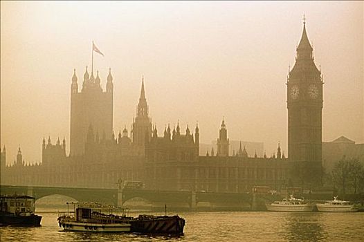 威斯敏斯特,大本钟,雾,伦敦,英格兰