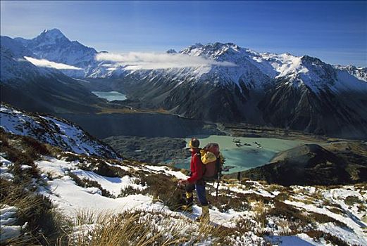 湖,远足者,雪中,看,库克山,奥拉基,库克山国家公园,新西兰