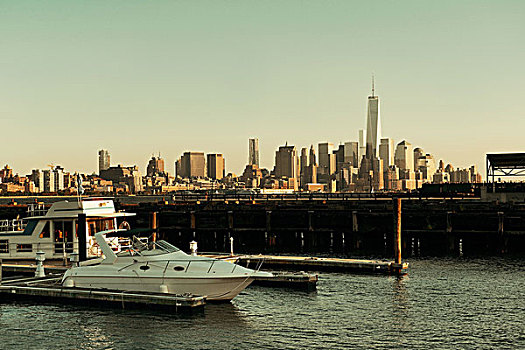 曼哈顿,市区,天际线,城市,摩天大楼,船