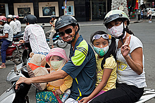越南,胡志明市,摩托车,乘客,穿,污染,面具