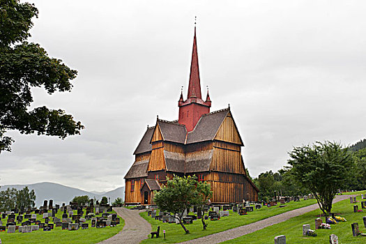 历史,木质,教堂,红色,尖顶,奥普兰,挪威,斯堪的纳维亚,北欧,欧洲