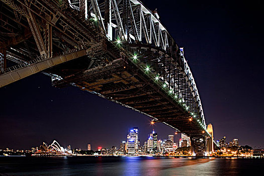 澳大利亚,新南威尔士,悉尼,海港大桥,环形码头,围绕,城市天际线,夜晚