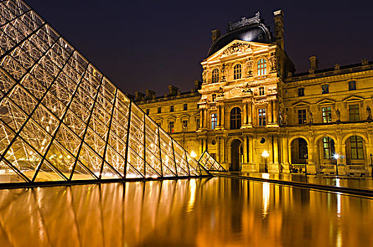卢浮宫,宫殿,金字塔,夜晚,巴黎,法国