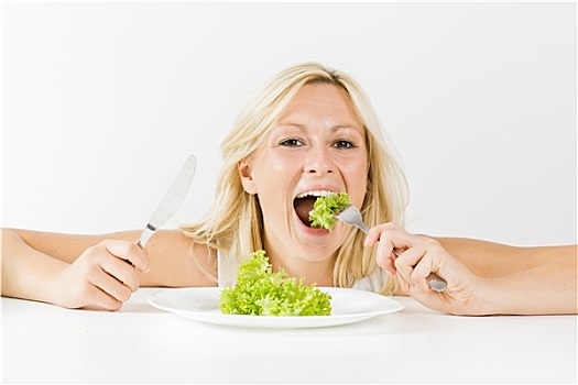 女人,吃,蔬菜沙拉