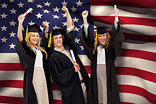 合成效果,图像,三个,学生,毕业,长袍,抬起,手臂,电脑合成,美国人,国旗