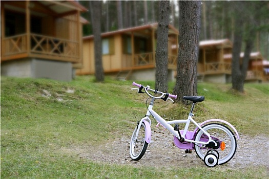 粉色,自行车,木质,小屋,山
