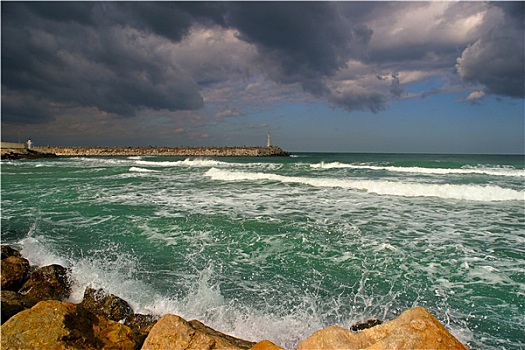 波浪,沿岸,石头,风吹,白天,漂亮,天空,黑色,风暴,云,地中海,以色列