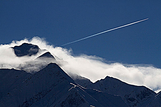 飞机,水汽尾迹,上方,山脉,瑞士