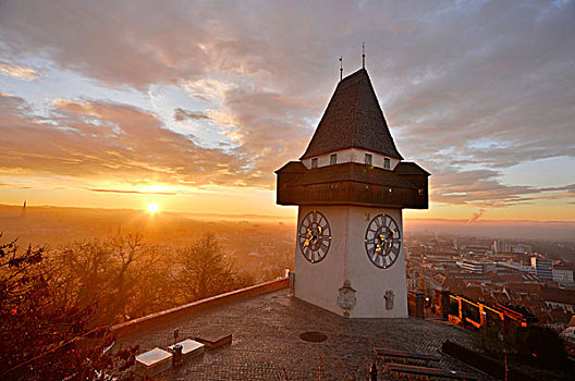 钟楼,城堡山,山,远眺,城市,早晨,格拉茨,施蒂里亚,奥地利