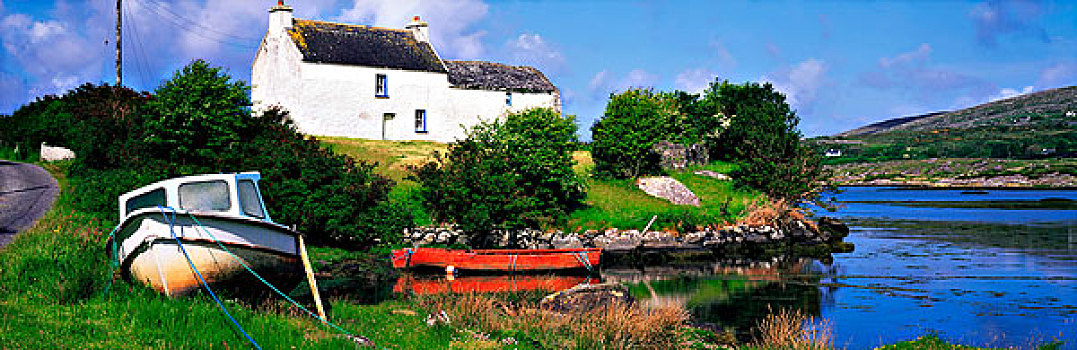 半岛,爱尔兰,房子,船,靠近,岸边
