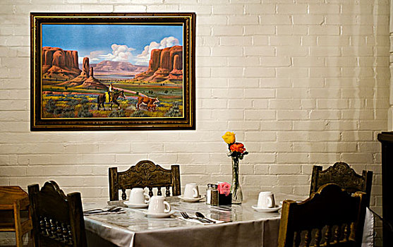 早餐,桌子,正面,无邪,描绘,展示,西部,汽车旅馆,新墨西哥,美国