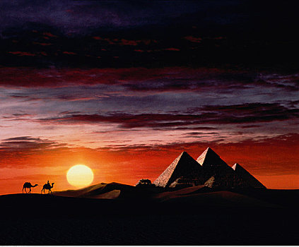 沙漠,金字塔,日落
