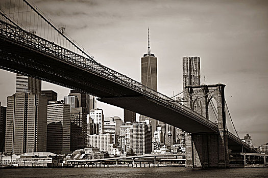 仰视,布鲁克林大桥,市区,曼哈顿,天际线,纽约