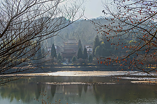 树,蓝,背景,池塘,倒影,烟,枯枝,寺庙,太阳,阳光,水,岸,淤泥,泥潭,村庄,山岗