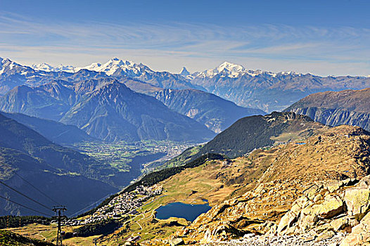 风景,山,高,贝特默阿尔卑,湖,山谷,奔宁山脉,阿尔卑斯山,地平线,瓦莱州,瑞士,欧洲