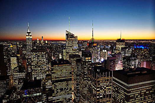 俯视图,天际线,夜晚,帝国大厦,纽约,美国