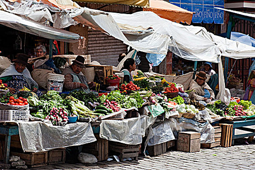 市场,货摊,传统,玻利维亚,女人,圆顶礼帽,帽子,南美